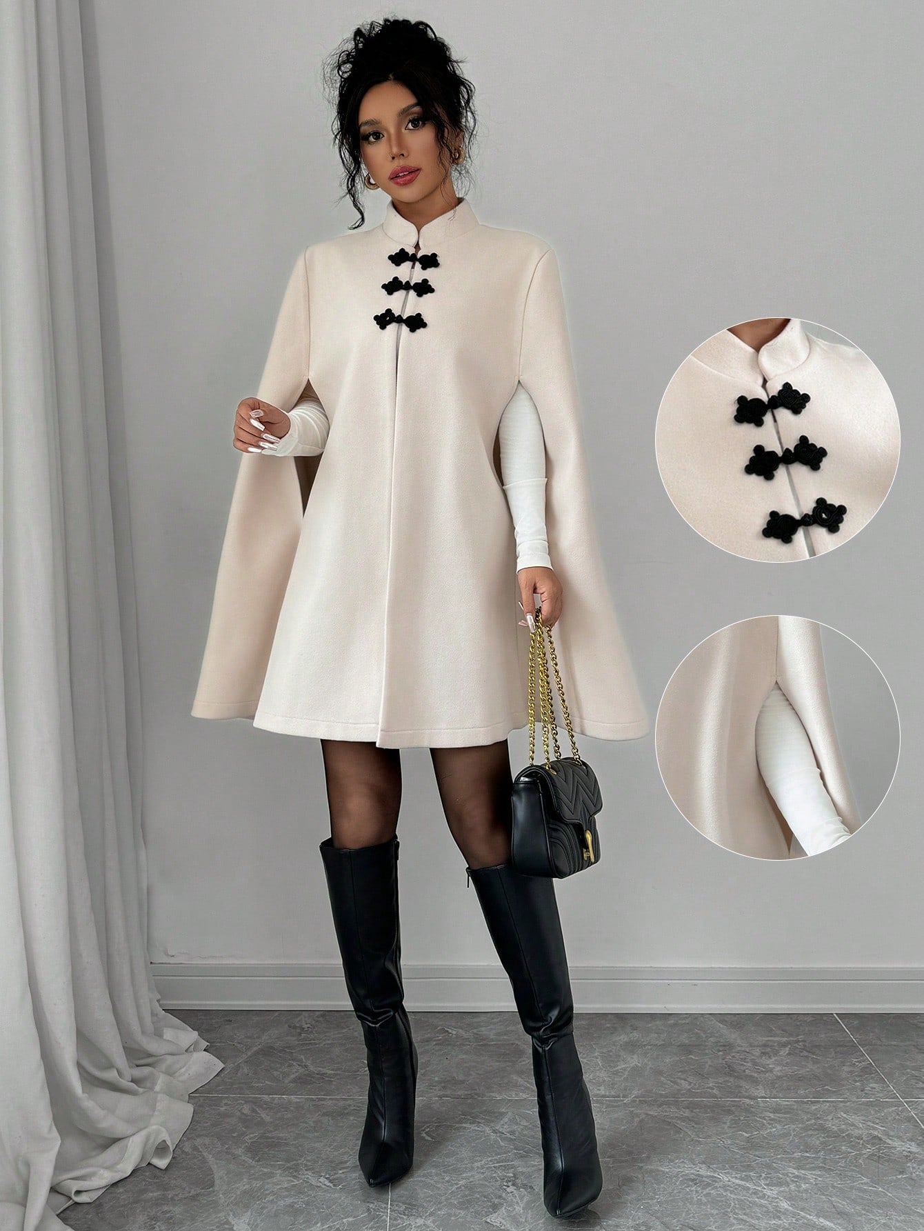 Elenzya capa/capa elegante con cuello de pie, cierre de botones y contraste de color, estilo chino, abrigo grueso de lana para mujer, otono/invierno