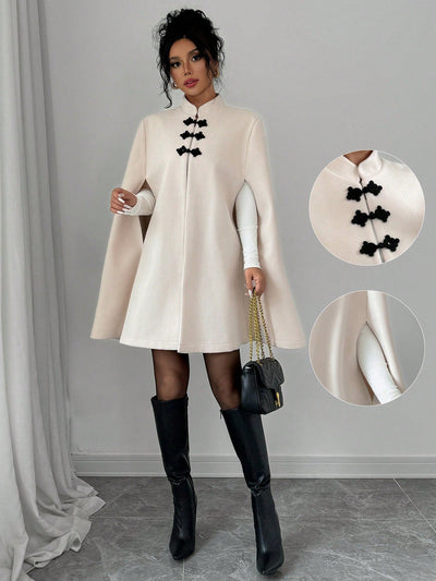 Elenzya abrigo capa elegante con cuello de pie, decoracion de botones y bloque de color con estilo chino para mujeres, tela de lana gruesa, otono/invierno