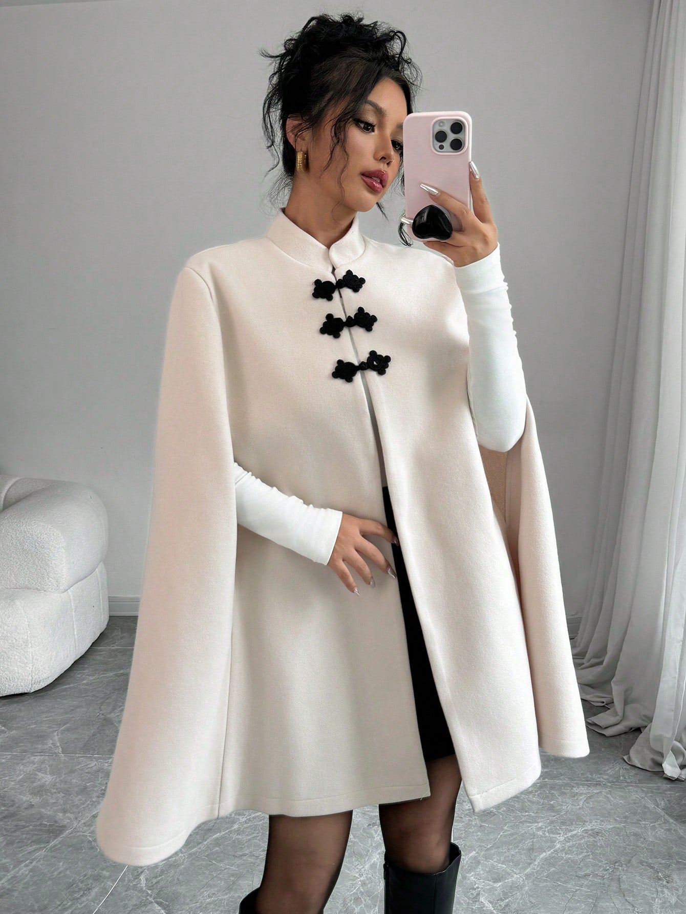 Elenzya capa/capa elegante con cuello de pie, cierre de botones y contraste de color, estilo chino, abrigo grueso de lana para mujer, otono/invierno