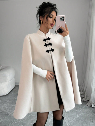 Elenzya capa, poncho y capa con cuello de pie, decoracion de botones con bloque de color en estilo chino, abrigo de lana grueso para mujer, otono/invierno
