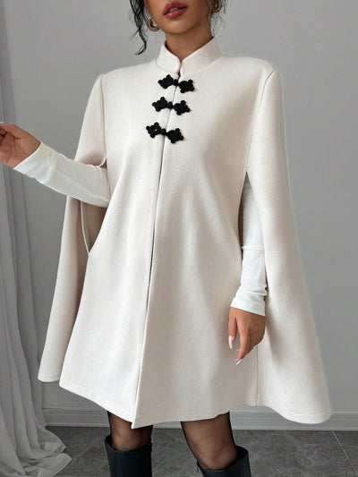 Elenzya abrigo capa elegante con cuello de pie, decoracion de botones y bloque de color con estilo chino para mujeres, tela de lana gruesa, otono/invierno
