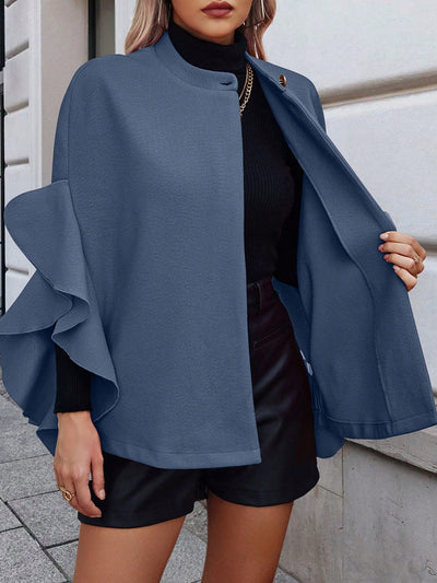 Clasi abrigo largo de lana de mujer de manga larga, de un solo pecho, con cuello alto y manga tipo capa, de unicolor, elegante, para otono/invierno
