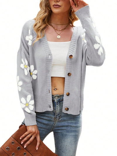 Sueter holgado de punto para mujer, cardigan de manga larga con cuello en v y estampado de flores con botones para adultos