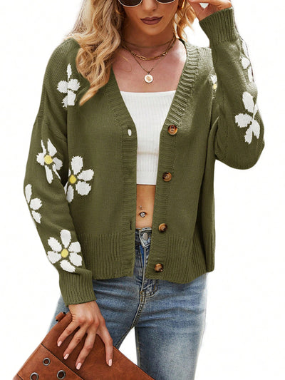 Sueter holgado de punto para mujer, cardigan de manga larga con cuello en v y estampado de flores con botones para adultos