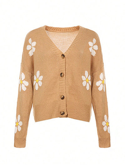 Sueter holgado de punto para mujer, cardigan de manga larga con cuello en v y estampado de flores con botones para adultos