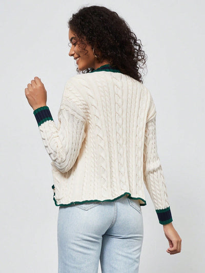 Chaqueta de mujer elegante casual y versatil con cuello en v de punto retorcido y manga larga