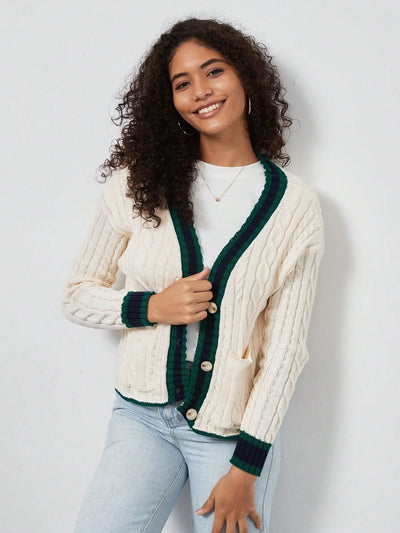 Chaqueta de mujer elegante casual y versatil con cuello en v de punto retorcido y manga larga