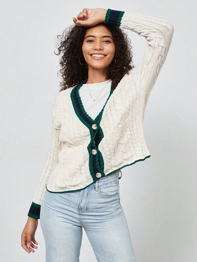Chaqueta de mujer elegante casual y versatil con cuello en v de punto retorcido y manga larga