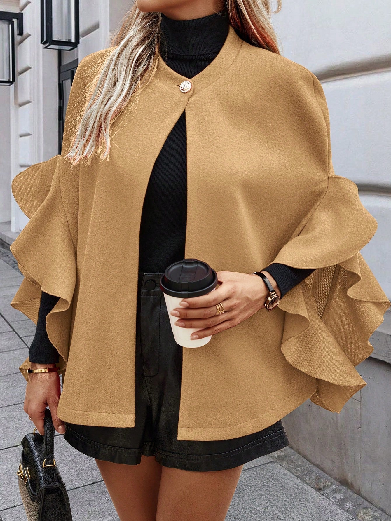 Clasi abrigo largo de lana de mujer de manga larga, de un solo pecho, con cuello alto y manga tipo capa, de unicolor, elegante, para otono/invierno