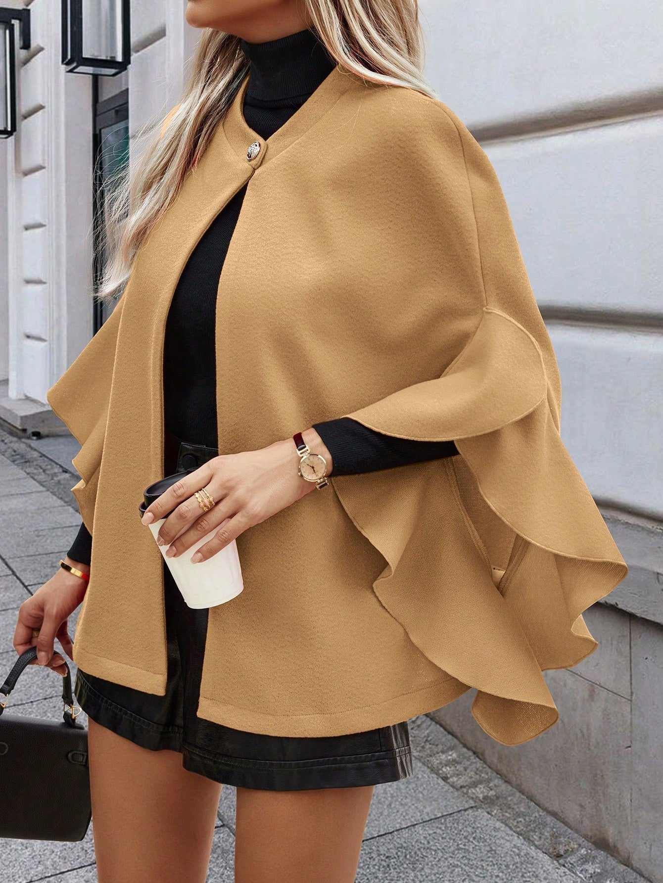 Clasi abrigo largo de lana de mujer de manga larga, de un solo pecho, con cuello alto y manga tipo capa, de unicolor, elegante, para otono/invierno