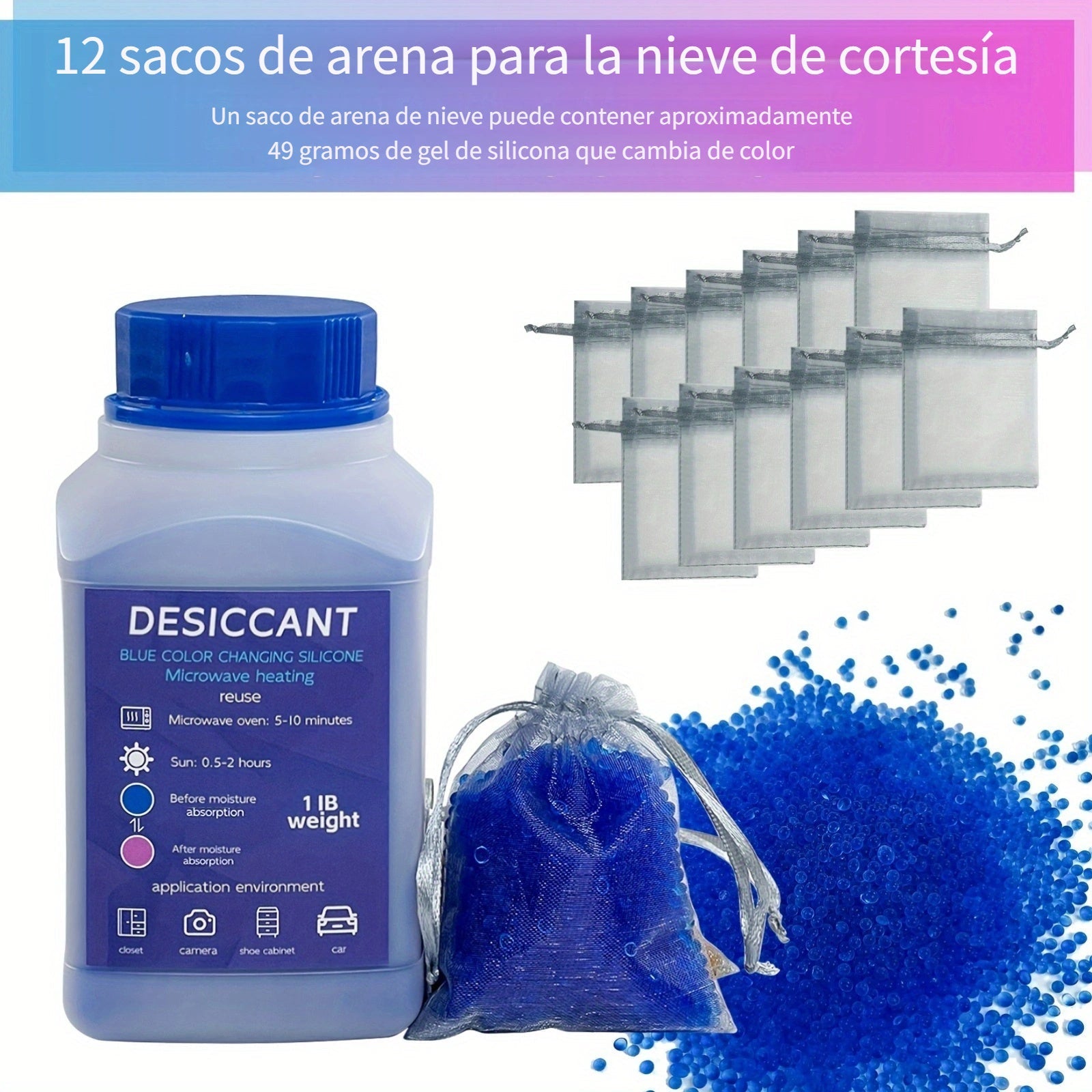 453,59 g de bolsa desecante de silicona azul para el hogar con 12 bolsas de malla - Cambio de color, absorción de humedad, eliminación de olores, ideal para autocaravanas, dormitorios y espacios interiores, control de humedad | Claridad de humedad | Desh