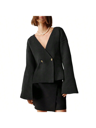 Sueter de punto holgado con cuello en v y mangas largas acampanadas para mujer de warmwaves