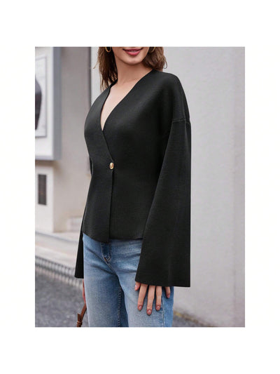Sueter de punto holgado con cuello en v y mangas largas acampanadas para mujer de warmwaves