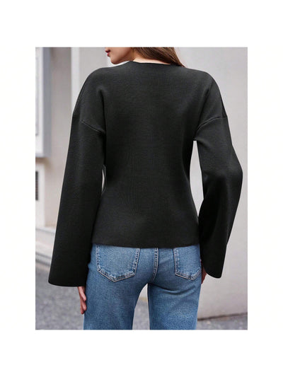 Sueter de punto holgado con cuello en v y mangas largas acampanadas para mujer de warmwaves