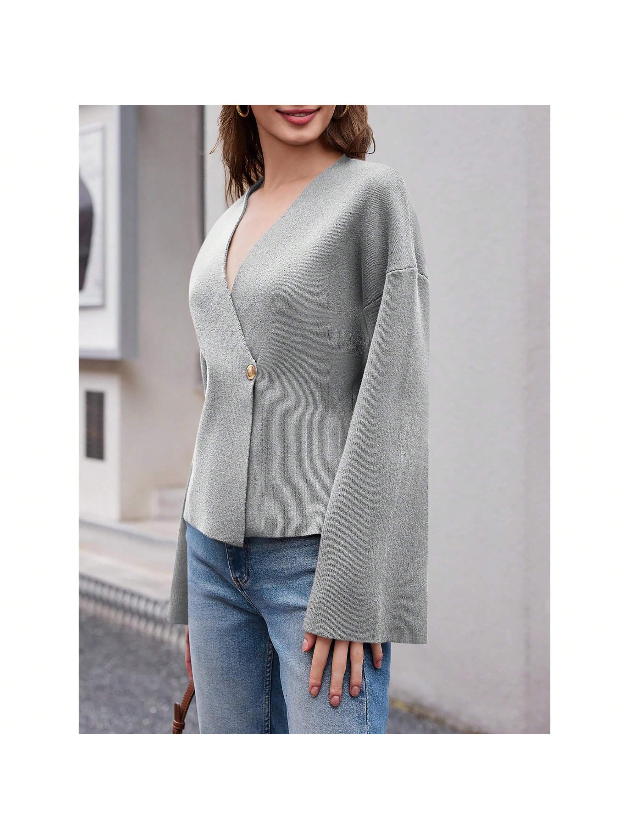 Sueter de punto holgado con cuello en v y mangas largas acampanadas para mujer de warmwaves