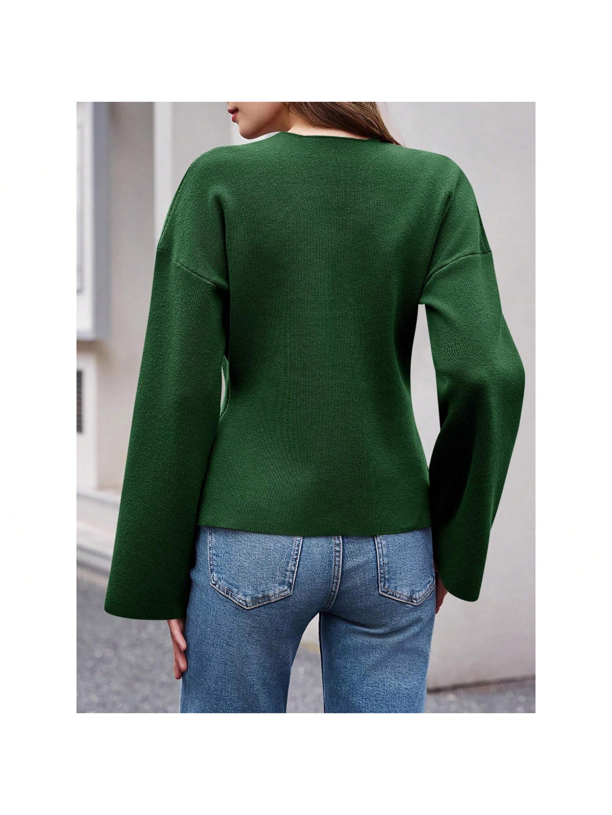 Sueter de punto holgado con cuello en v y mangas largas acampanadas para mujer de warmwaves