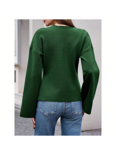 Sueter de punto holgado con cuello en v y mangas largas acampanadas para mujer de warmwaves