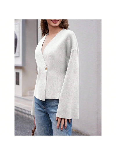 Sueter de punto holgado con cuello en v y mangas largas acampanadas para mujer de warmwaves