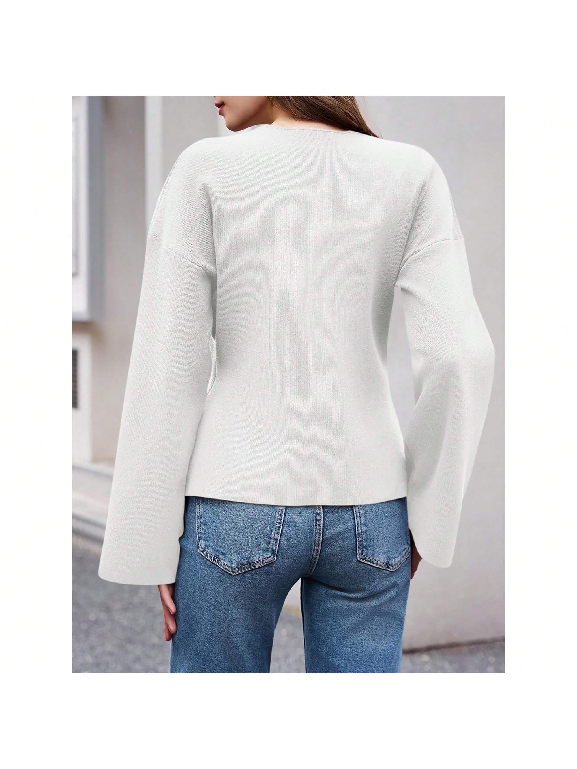 Sueter de punto holgado con cuello en v y mangas largas acampanadas para mujer de warmwaves