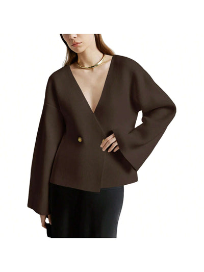 Sueter de punto holgado con cuello en v y mangas largas acampanadas para mujer de warmwaves