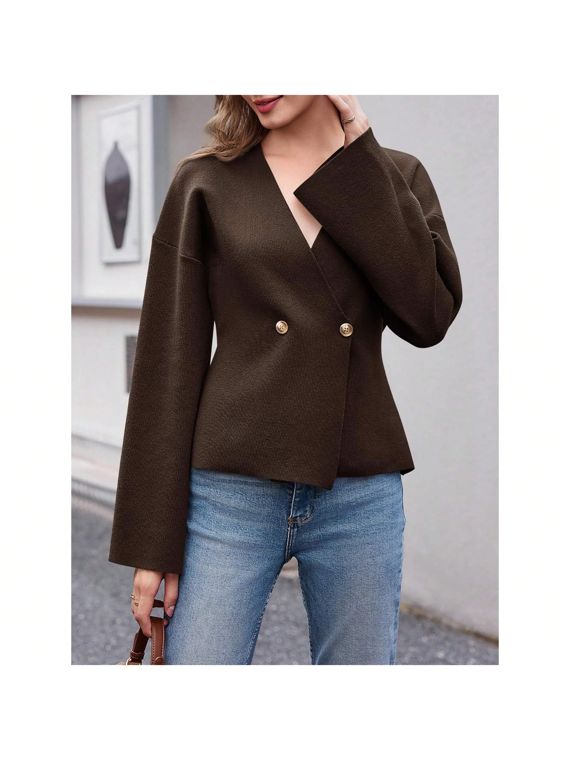 Sueter de punto holgado con cuello en v y mangas largas acampanadas para mujer de warmwaves