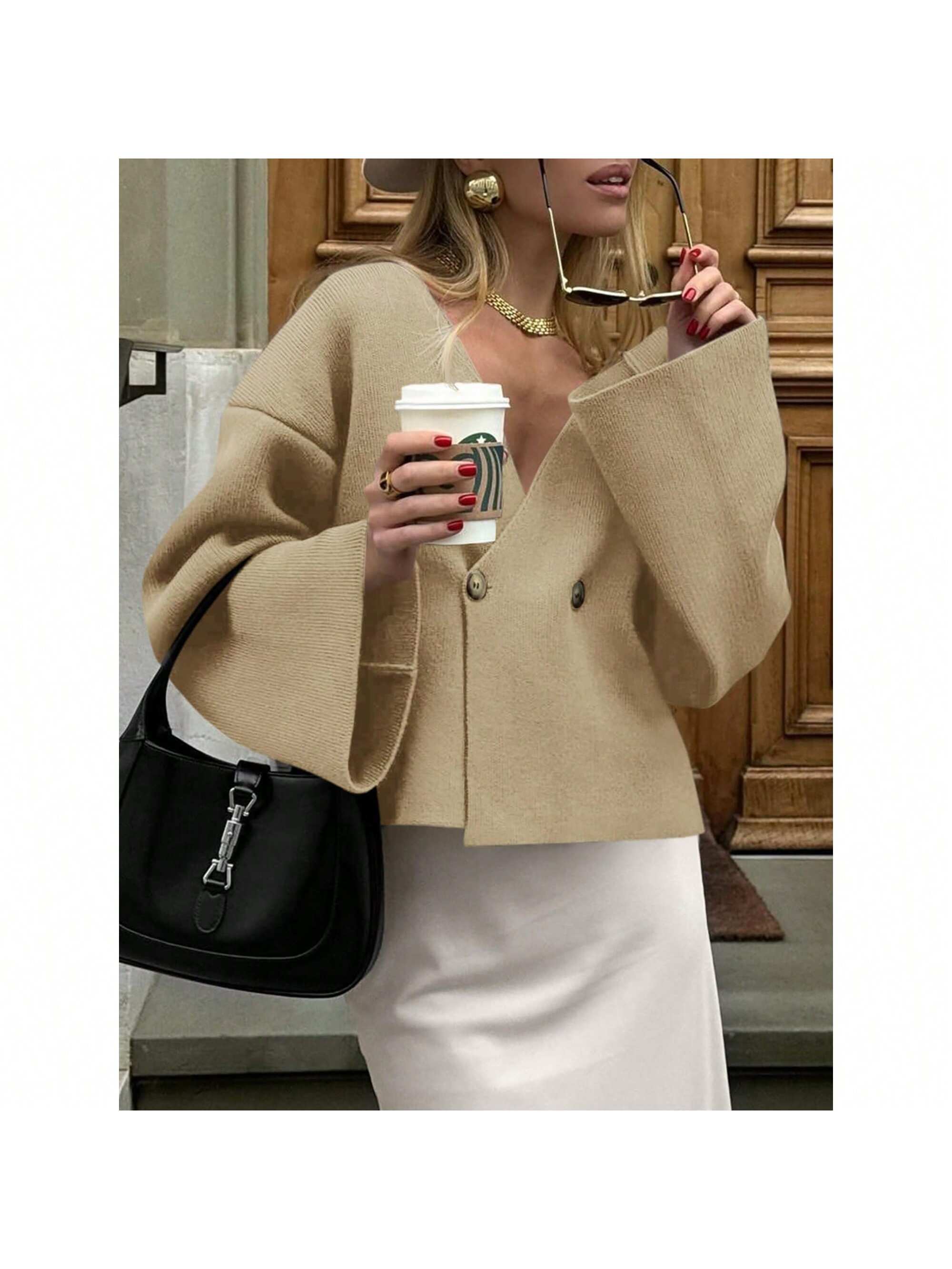 Sueter de punto holgado con cuello en v y mangas largas acampanadas para mujer de warmwaves