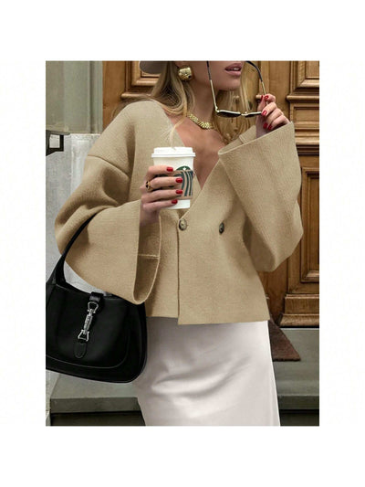 Sueter de punto holgado con cuello en v y mangas largas acampanadas para mujer de warmwaves