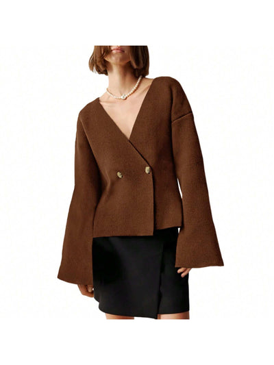 Sueter de punto holgado con cuello en v y mangas largas acampanadas para mujer de warmwaves