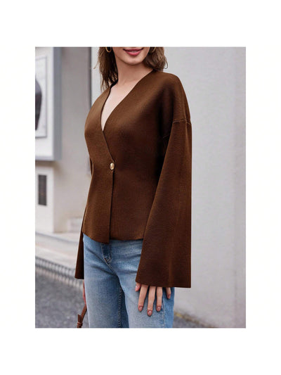 Sueter de punto holgado con cuello en v y mangas largas acampanadas para mujer de warmwaves