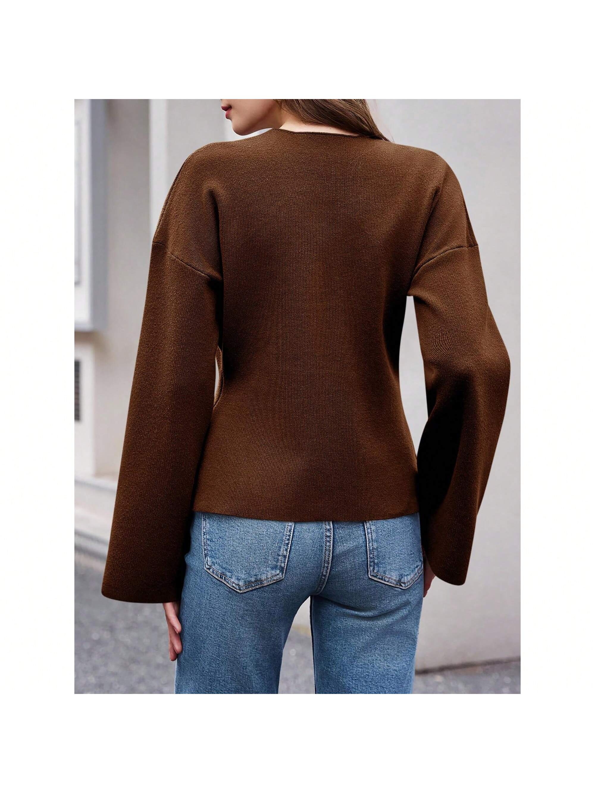 Sueter de punto holgado con cuello en v y mangas largas acampanadas para mujer de warmwaves