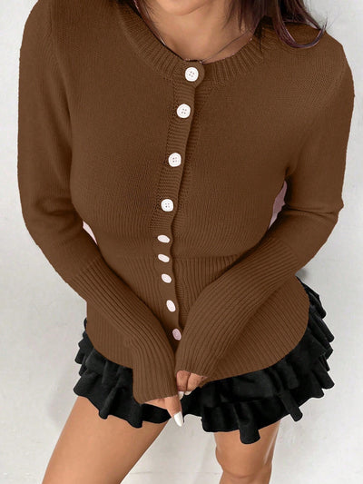Moosta mujer chaqueta de punto de unicolor con cuello redondo, manga larga, de abotonadura sencilla, versatil y de moda, para otono/invierno