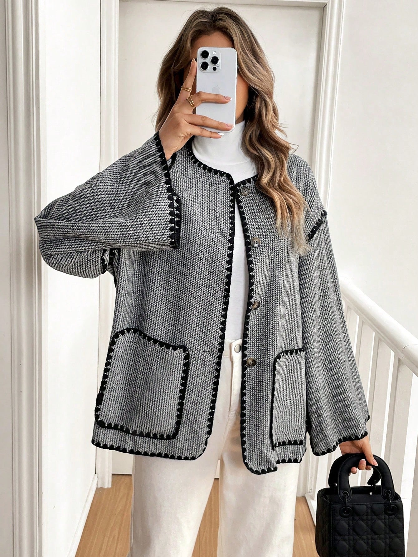 Frenchy chaqueta casual de mujer con estampado de leopardo, manga acampanada, para otono/invierno, de terciopelo con estampado de felpa (tela no esponjosa), con bolsillos delanteros con botones de color contrastante. chaqueta casual de manga larga