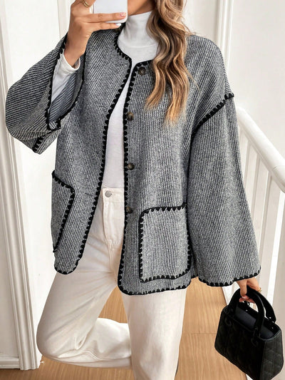 Frenchy chaqueta casual de mujer con estampado de leopardo, manga acampanada, para otono/invierno, de terciopelo con estampado de felpa (tela no esponjosa), con bolsillos delanteros con botones de color contrastante. chaqueta casual de manga larga