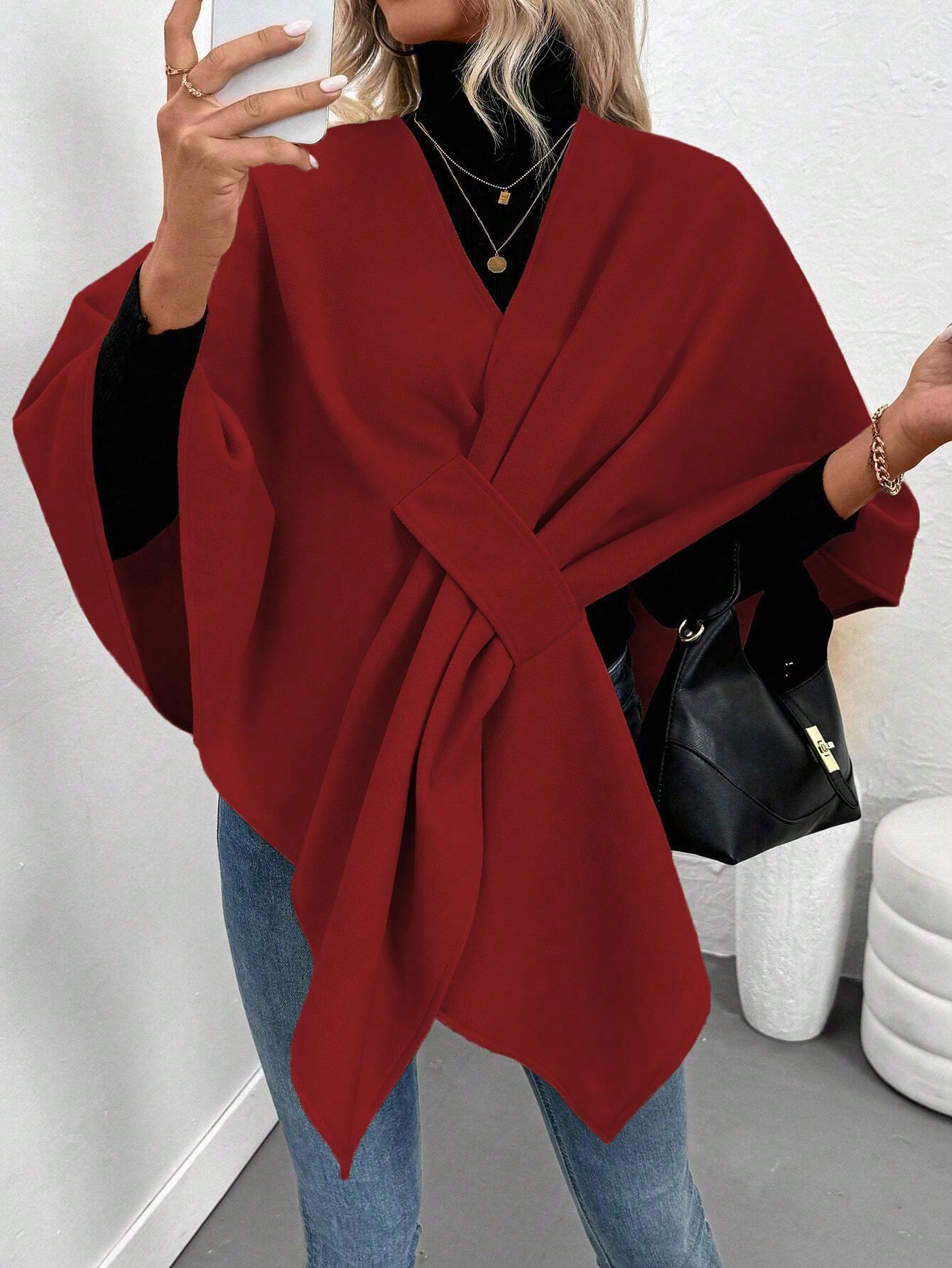 Clasi abrigo de lana de unicolor elegante con cierre envolvente para mujer, para otono/invierno