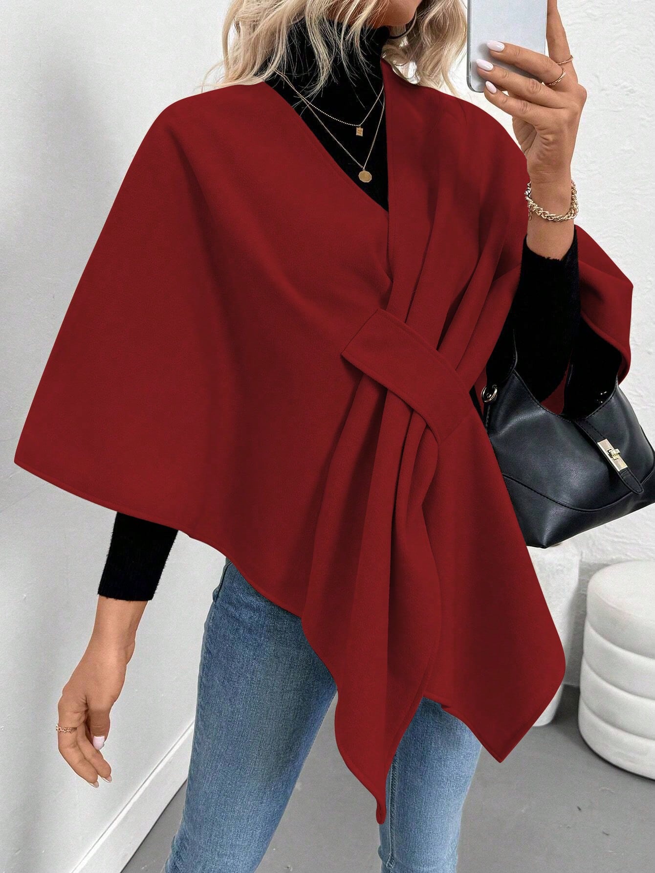 Clasi abrigo de lana de unicolor elegante con cierre envolvente para mujer, para otono/invierno