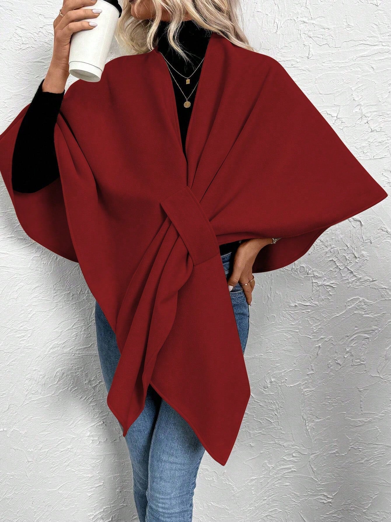 Clasi abrigo de lana de unicolor elegante con cierre envolvente para mujer, para otono/invierno