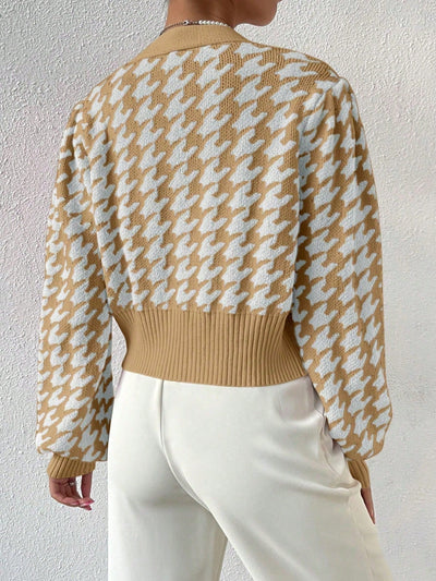 Essnce cardigan casual de mujer con botones y mangas de farol, dobladillo ancho y estampado de pata de gallo