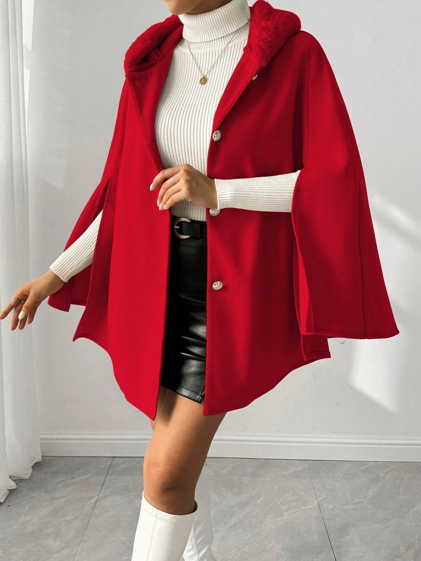 Prive poncho de abrigo con capucha y cuello de piel, de unicolor, de uso casual diario, para otono/invierno