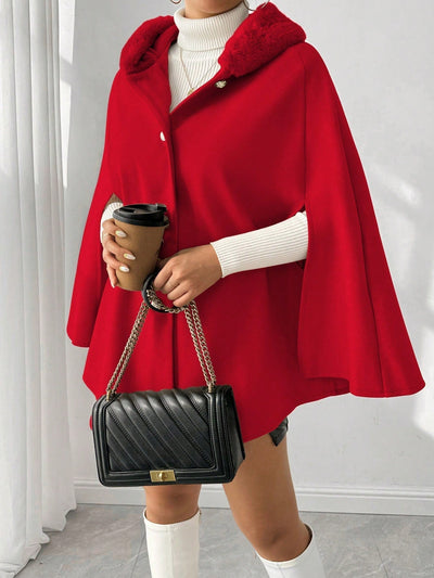 Prive poncho de abrigo con capucha y cuello de piel, de unicolor, de uso casual diario, para otono/invierno