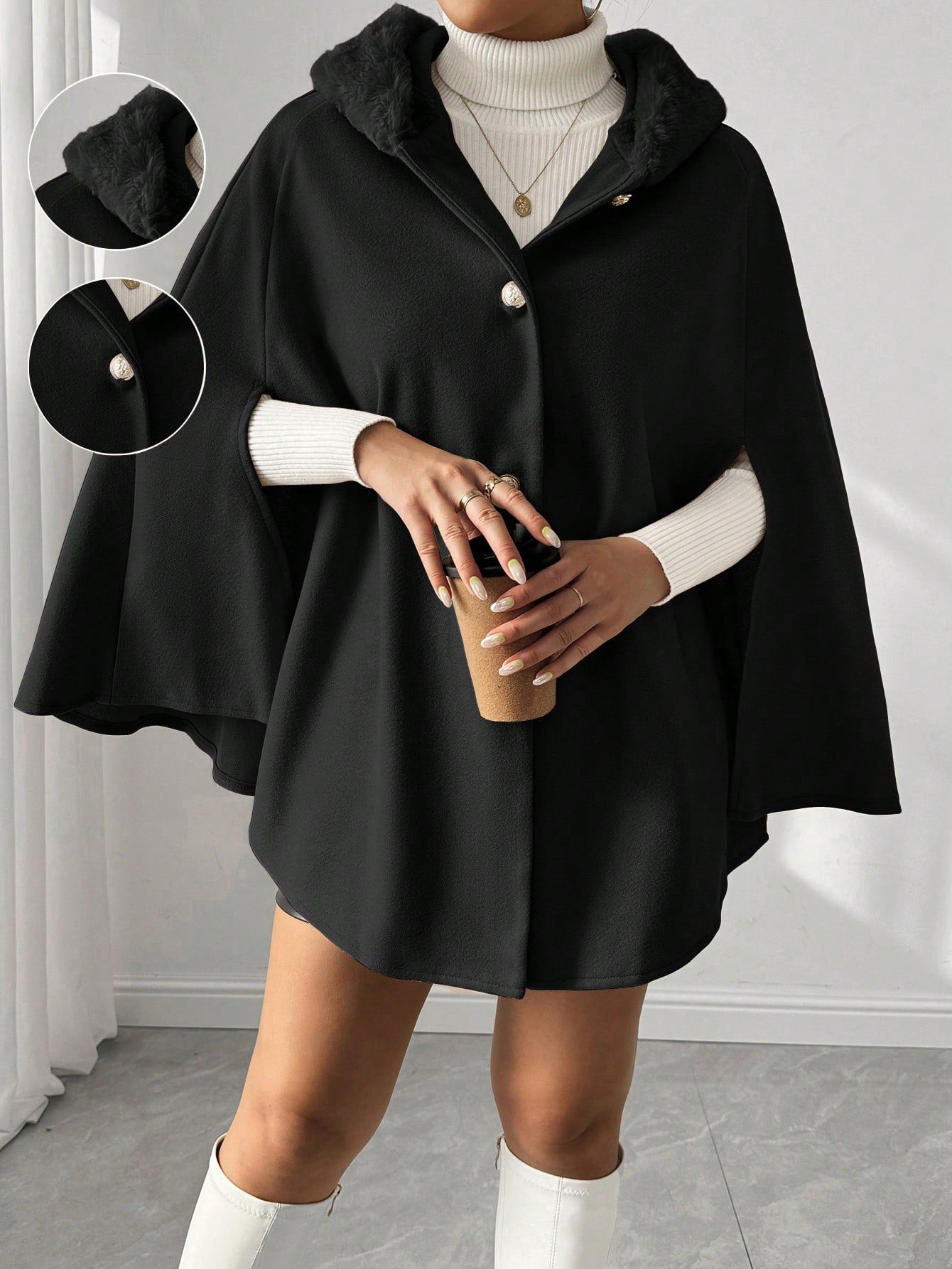 Prive poncho de abrigo con capucha y cuello de piel, de unicolor, de uso casual diario, para otono/invierno
