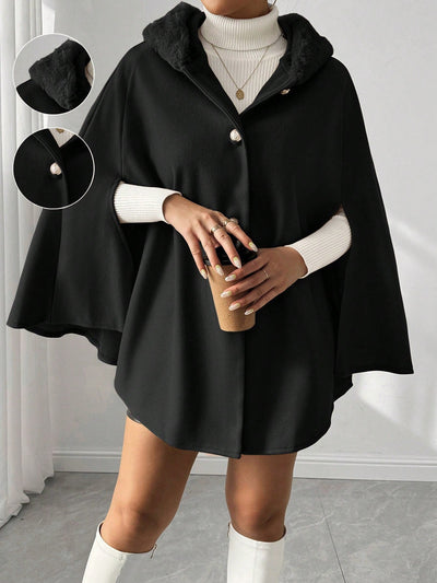 Prive poncho de abrigo con capucha y cuello de piel, de unicolor, de uso casual diario, para otono/invierno