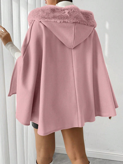 Prive poncho de abrigo con capucha y cuello de piel, de unicolor, de uso casual diario, para otono/invierno