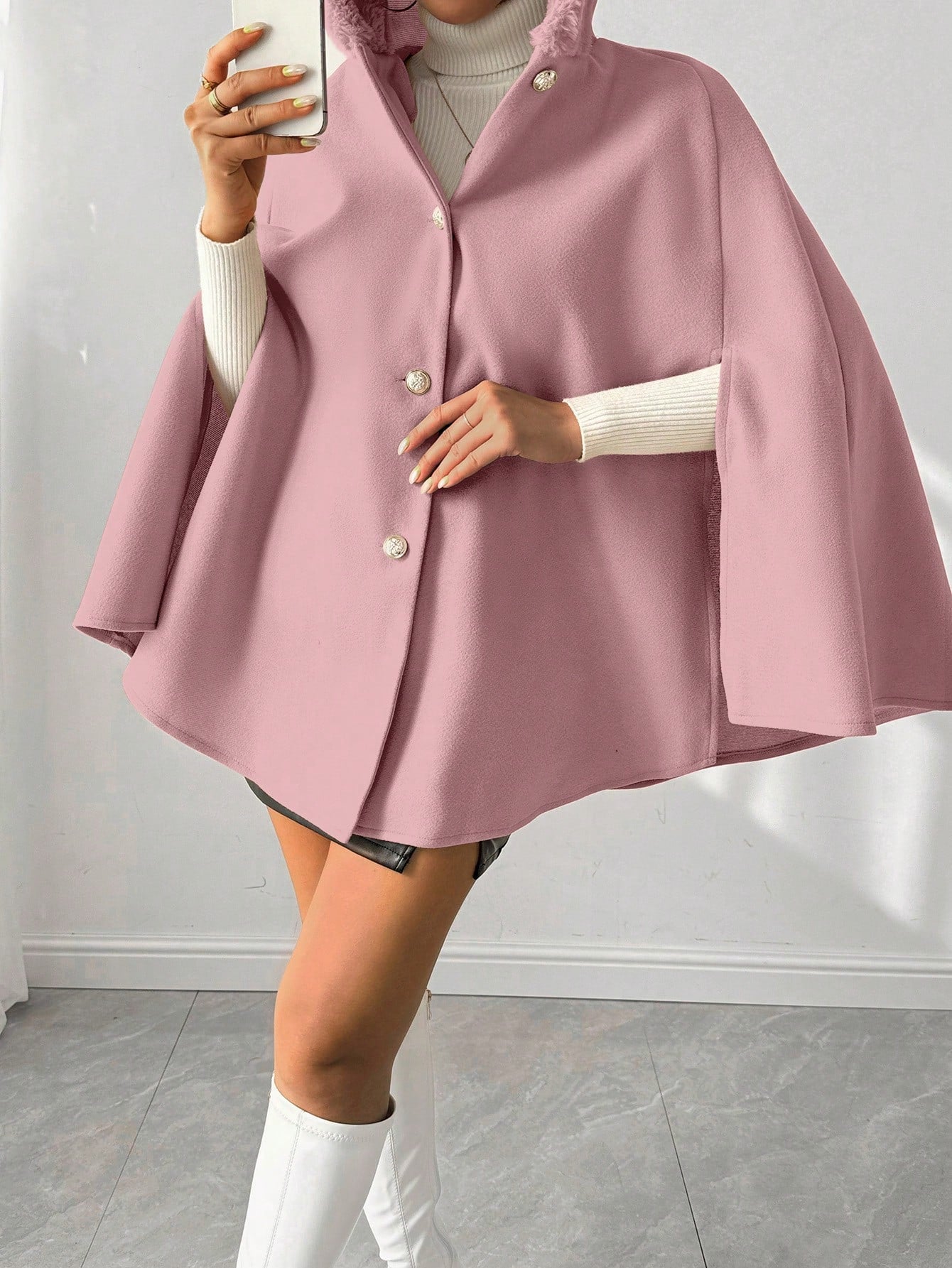 Prive poncho de abrigo con capucha y cuello de piel, de unicolor, de uso casual diario, para otono/invierno