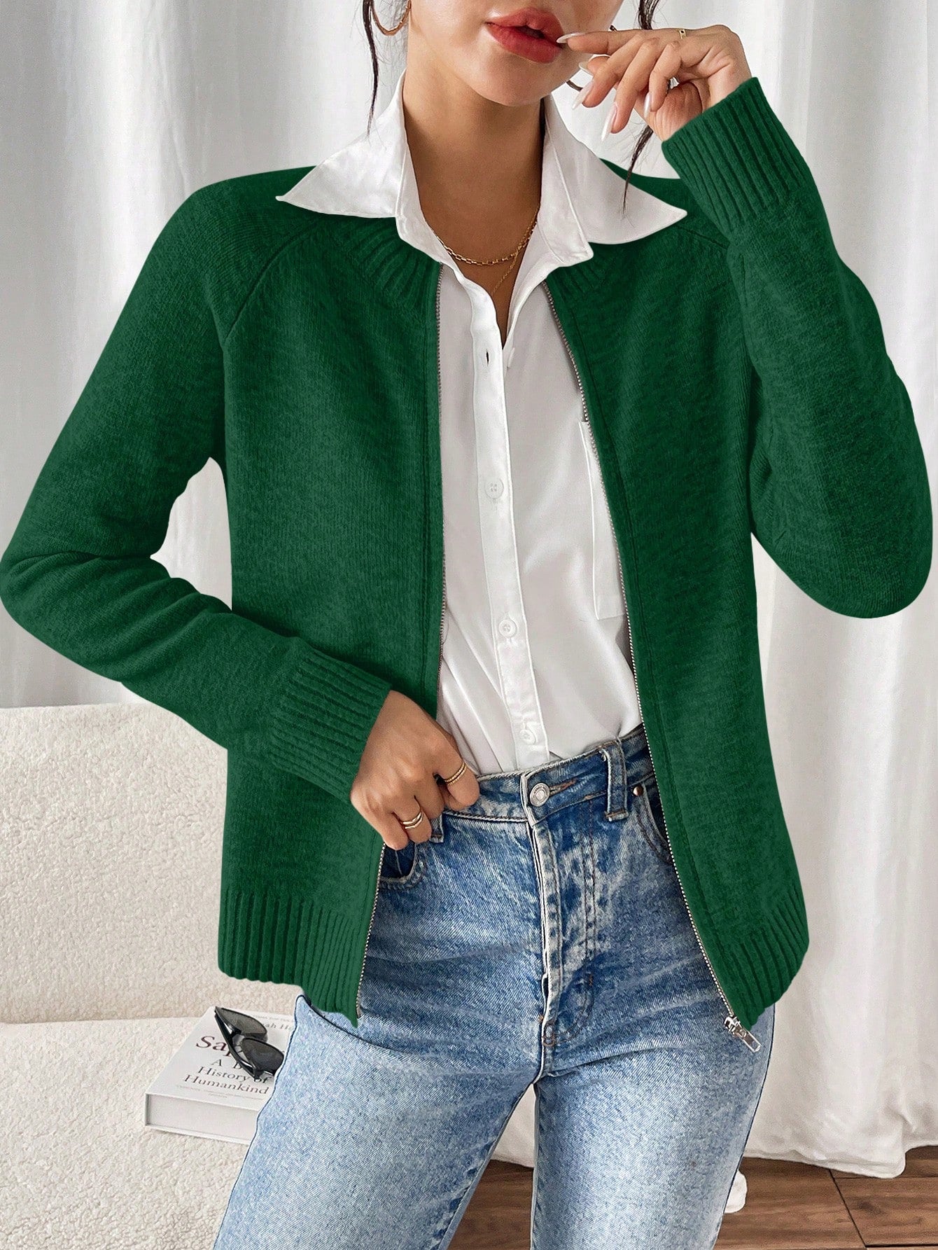 Essnce cardigan casual de mangas raglan con cierre delantero de cremallera, de unicolor, para otono/invierno