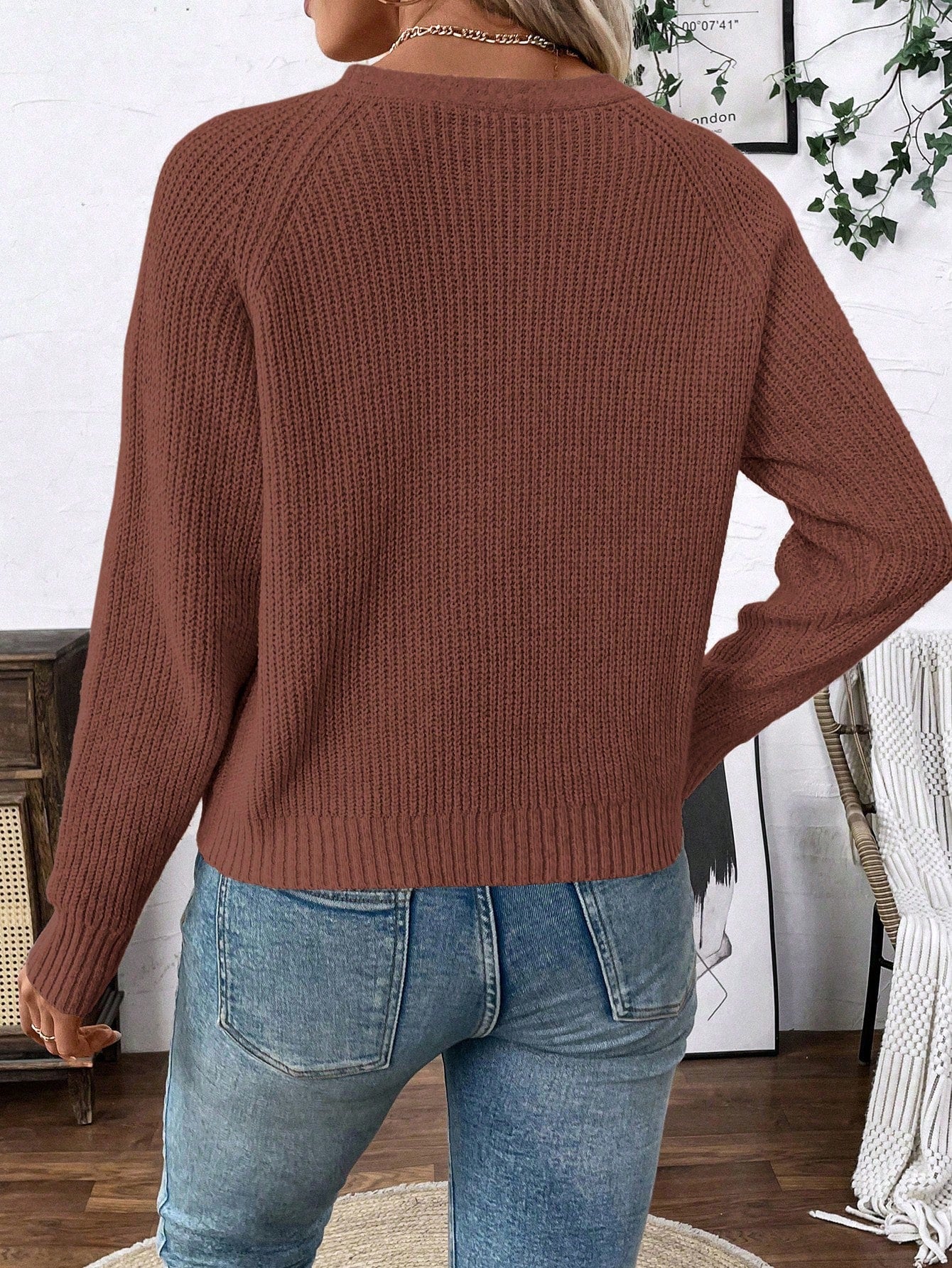 Lune chaqueta de punto de manga larga casual con cuello en v y manga raglan para mujer, con diseno minimalista y ajuste holgado para otono/invierno
