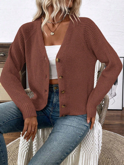 Lune chaqueta de punto de manga larga casual con cuello en v y manga raglan para mujer, con diseno minimalista y ajuste holgado para otono/invierno
