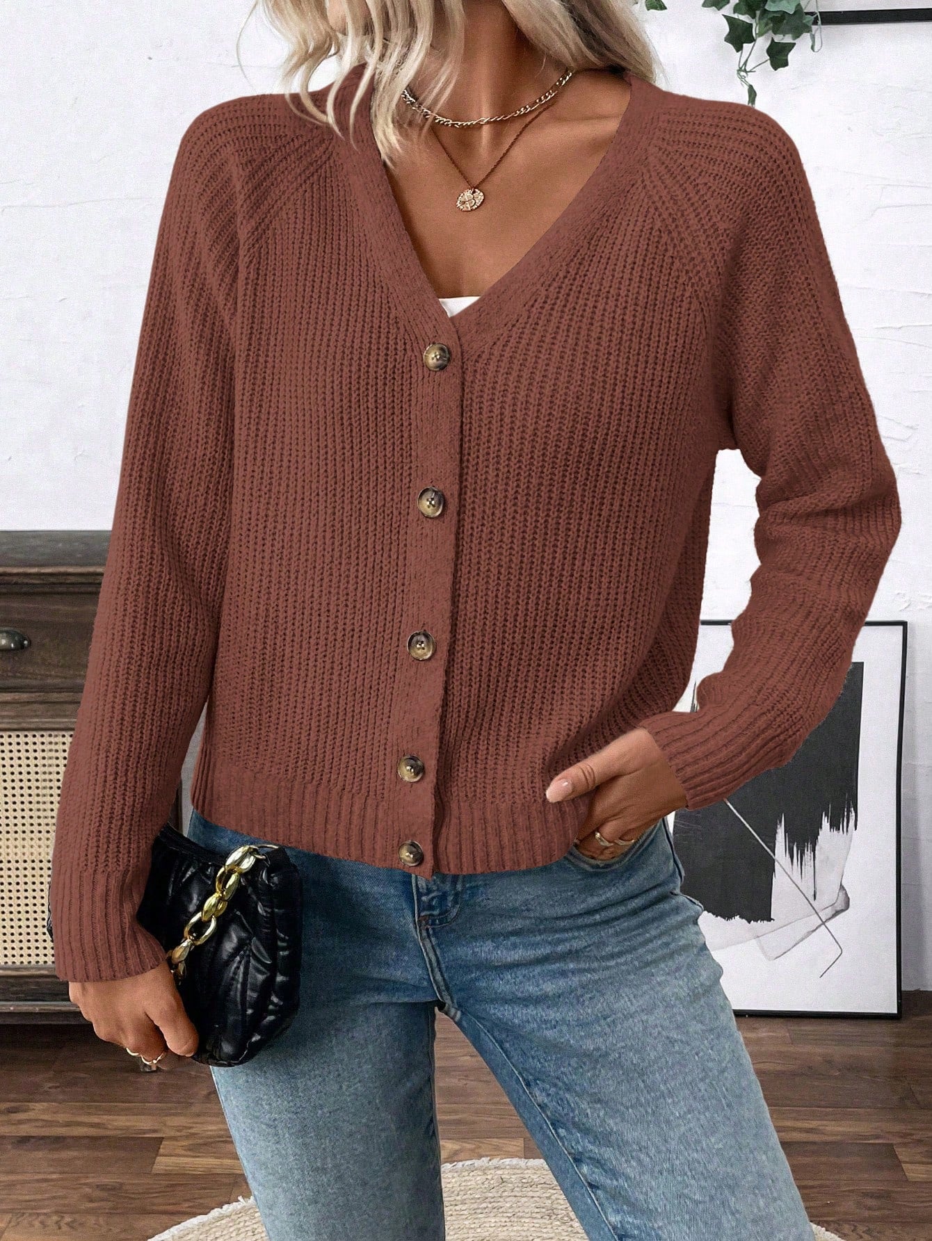 Lune chaqueta de punto de manga larga casual con cuello en v y manga raglan para mujer, con diseno minimalista y ajuste holgado para otono/invierno