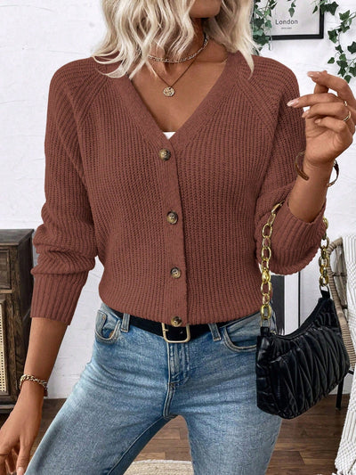 Lune chaqueta de punto de manga larga casual con cuello en v y manga raglan para mujer, con diseno minimalista y ajuste holgado para otono/invierno