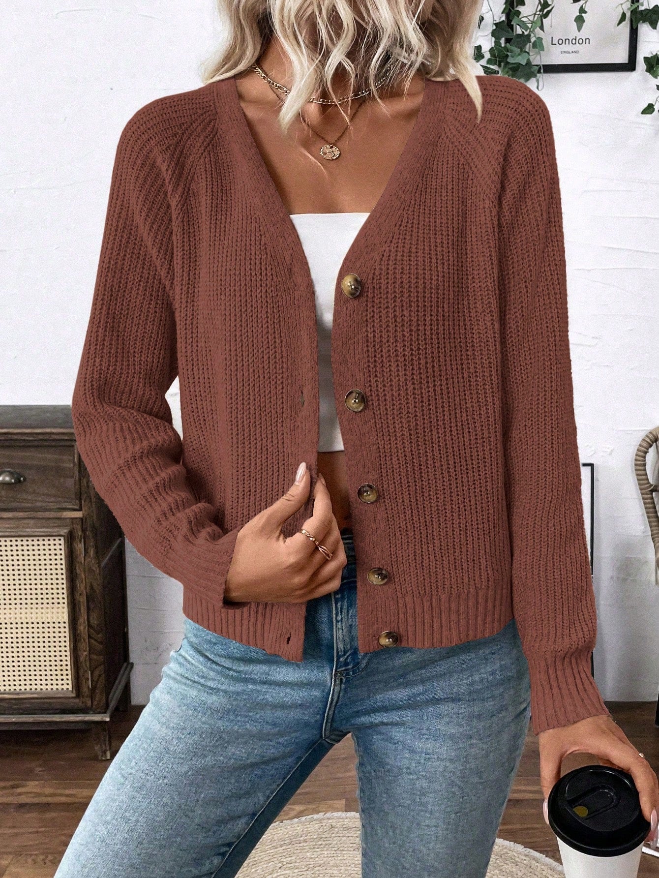 Lune chaqueta de punto de manga larga casual con cuello en v y manga raglan para mujer, con diseno minimalista y ajuste holgado para otono/invierno
