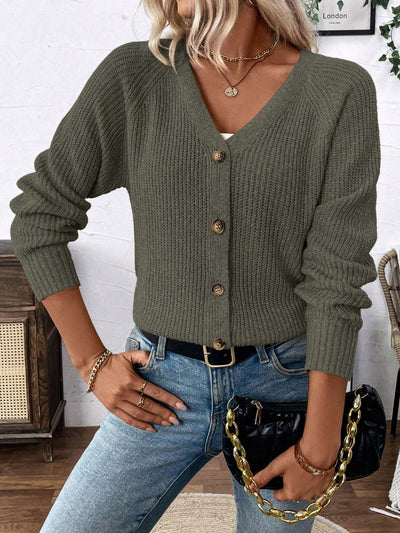 Lune chaqueta de punto de manga larga casual con cuello en v y manga raglan para mujer, con diseno minimalista y ajuste holgado para otono/invierno